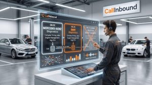 Illustration of a technician receiving an urgent call notification on a mobile device, with the Call Inbound logo and a white and light orange color scheme, representing after-hours emergency lead capture.