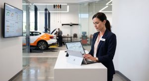 A service advisor reviewing high-margin EV battery lead data on a tablet, illustrating Call Inbound's tracking pool technology with orange data streams against a white background.