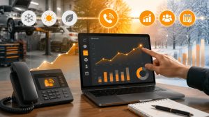 Historical call analytics dashboard predicting seasonal HVAC and automotive repair revenue spikes using climate and call volume data