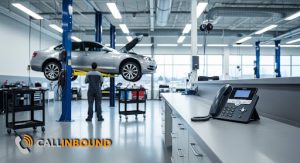 An automotive service technician in a professional shop bay using a desk phone, symbolizing clear communication despite the heavy machinery visible in the background.