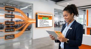 A staff reviewing data on a tablet in an auto repair shop to ensure Google Ads attribution accuracy.