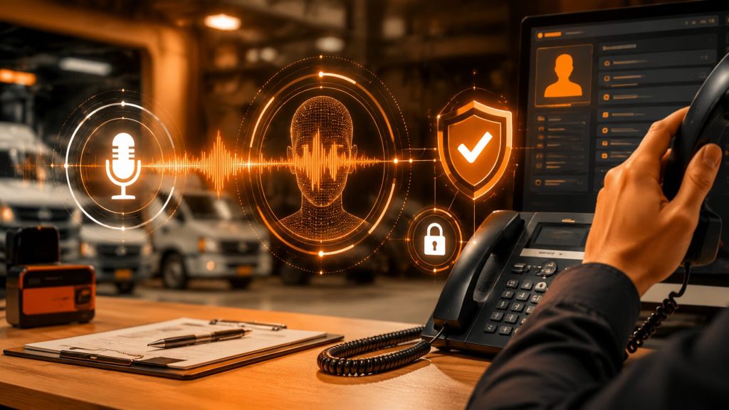 Biometric voice verification system using AI authentication to secure fleet repair authorization calls